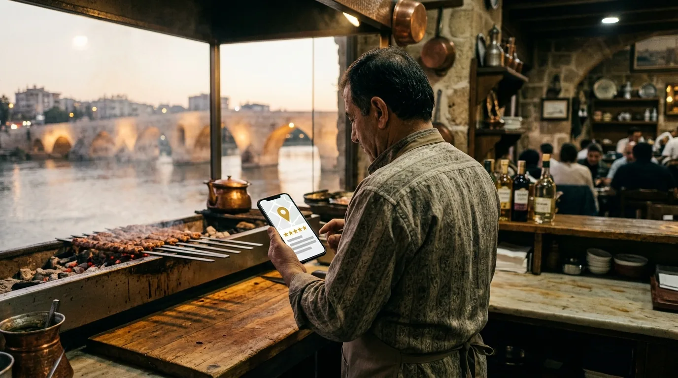 Taşköprü manzaralı Adana kebapçısında telefonda harita kaydını kontrol eden işletme sahibi – Adana web tasarım ve SEO