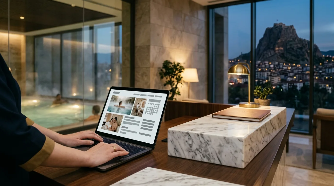 Afyon Kalesi manzaralı termal otel resepsiyonunda rezervasyon sitesi ve mermer numune – Afyonkarahisar web tasarım