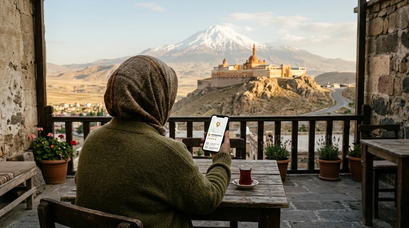 İshak Paşa Sarayı ve Ağrı Dağı manzaralı kafe terasında telefonda işletme kaydı – Ağrı web tasarım ve SEO