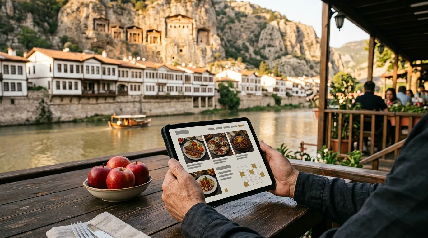 Yeşilırmak kıyısındaki yalıboyu evleri ve kral kaya mezarları önünde restoran rezervasyon sitesi – Amasya web tasarım