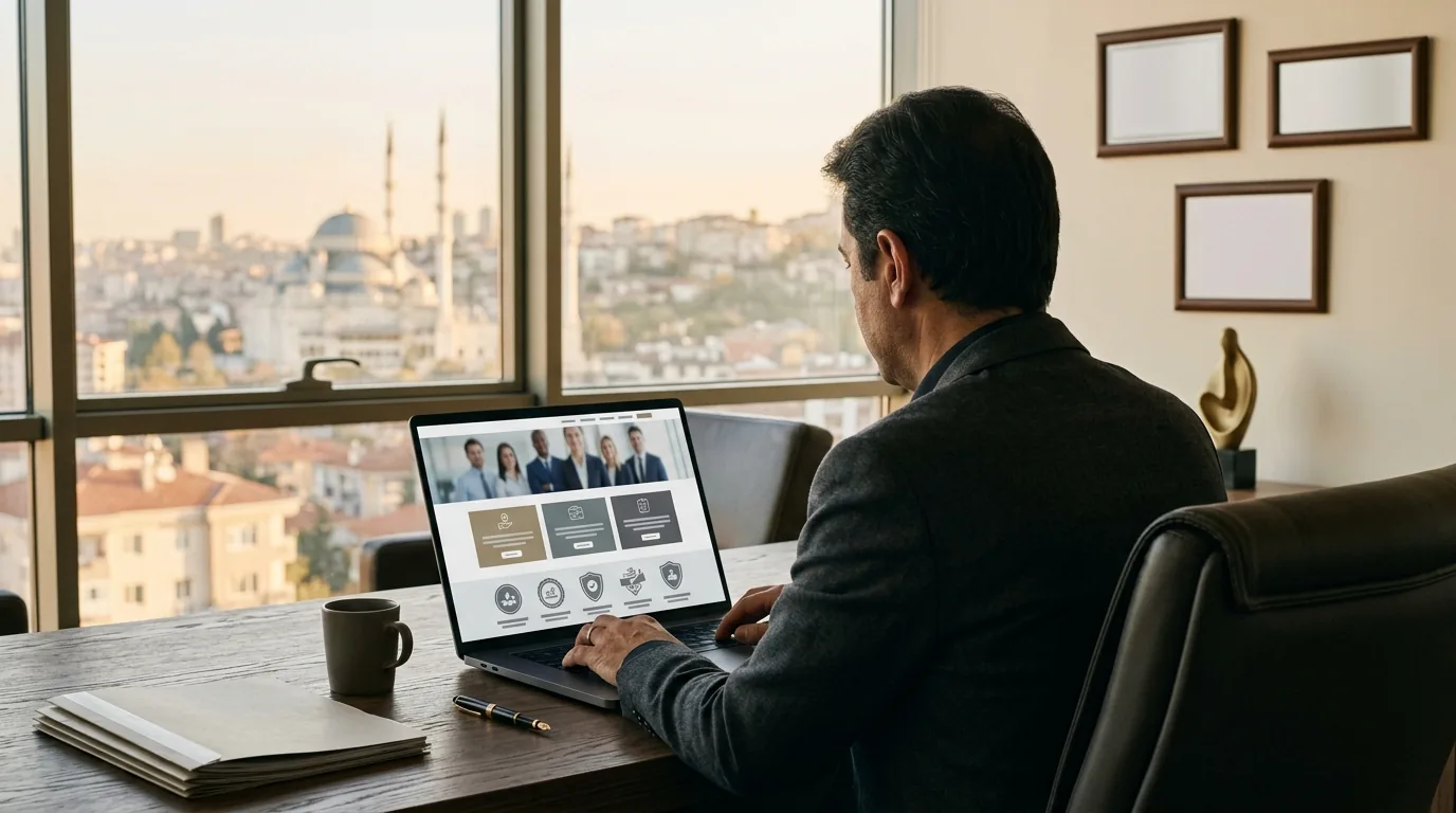 Kocatepe Camii manzaralı Çankaya ofisinde kurumsal web sitesini inceleyen müşavir – Ankara web tasarım ve SEO
