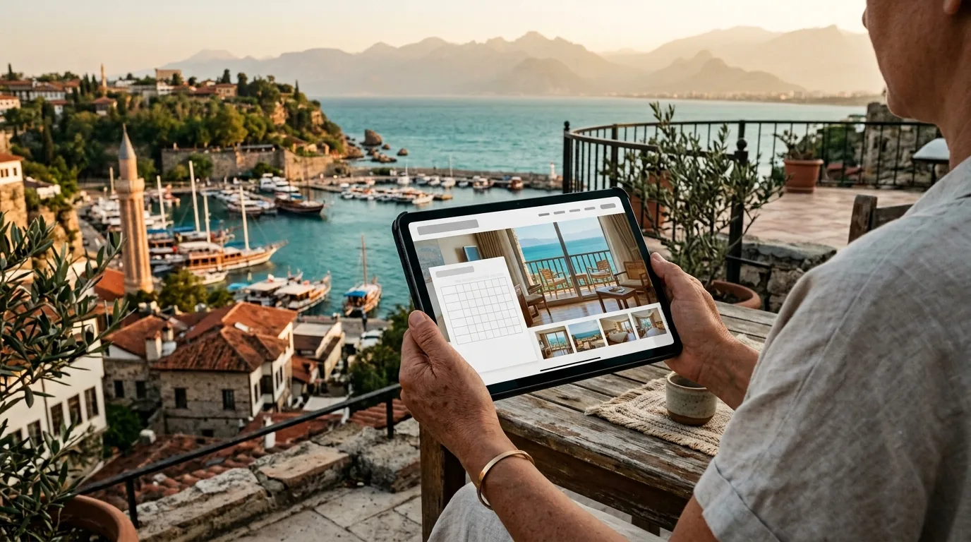 Kaleiçi ve eski liman manzaralı butik otel terasında rezervasyon sitesi – Antalya web tasarım ve SEO