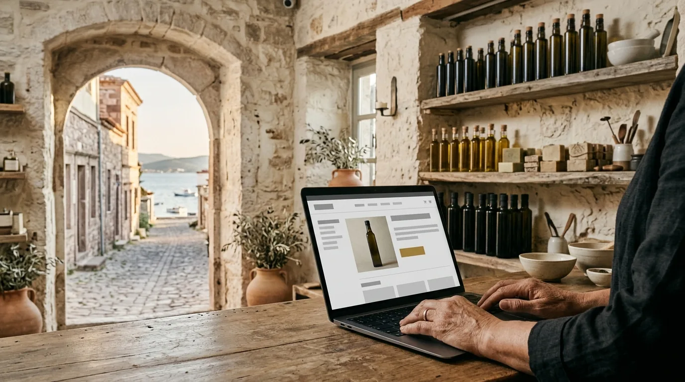 Ayvalık'ta taş zeytinyağı dükkânında online mağaza açık dizüstü bilgisayar – Balıkesir web tasarım ve SEO