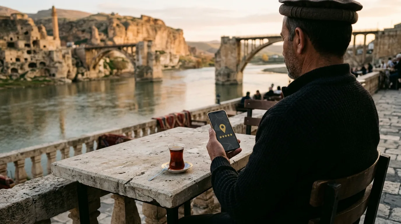 Hasankeyf'te Dicle kıyısındaki kafe terasında telefonda işletme kaydı – Batman web tasarım ve SEO