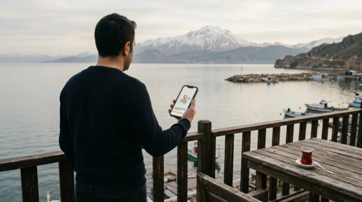 Van Gölü ve Süphan Dağı manzaralı Tatvan restoranında telefonda harita kaydı – Bitlis web tasarım ve SEO