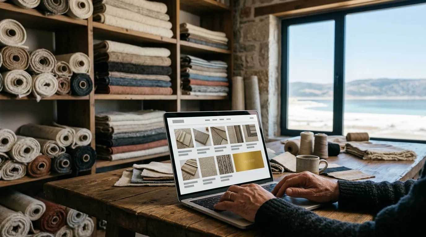 Bucak'ta tekstil ve halı showroom'unda B2B site, pencereden Salda Gölü – Burdur web tasarım ve SEO