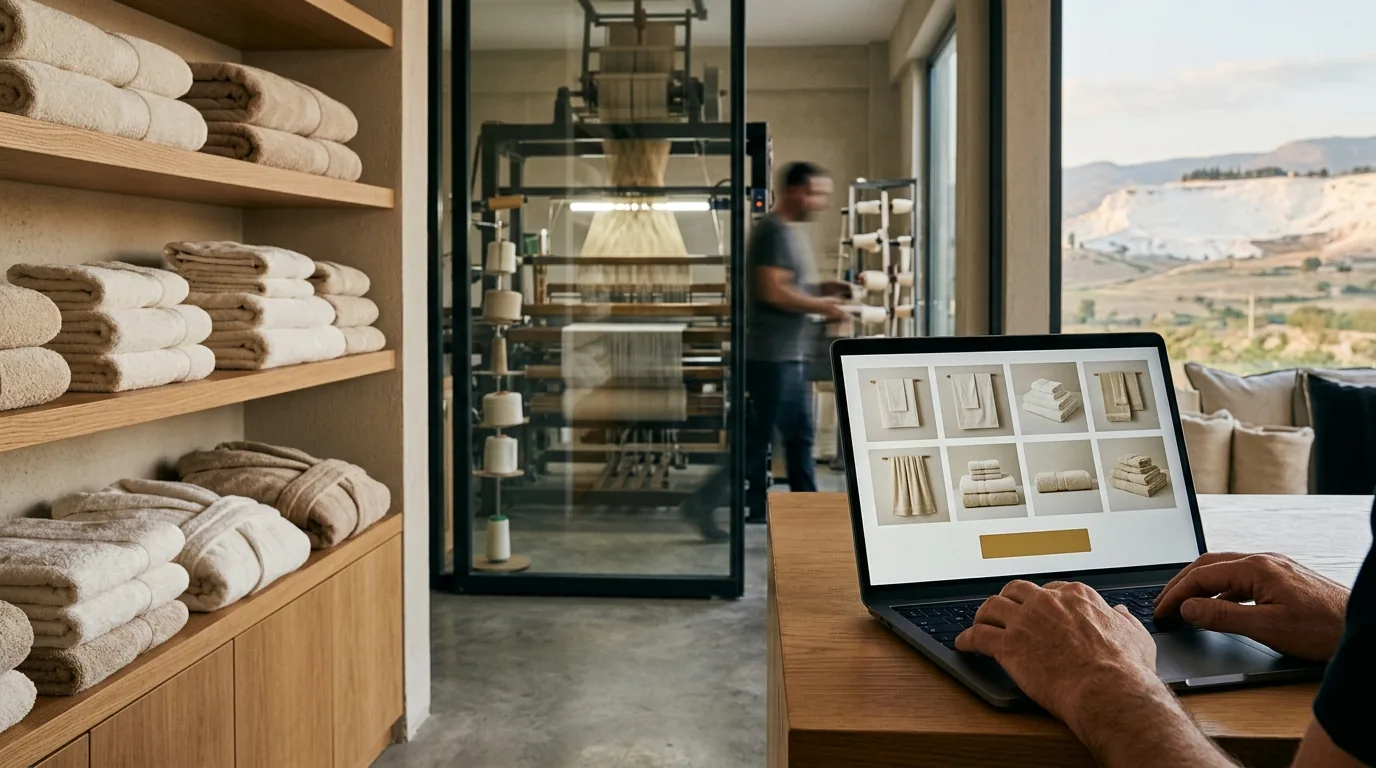Pamukkale travertenlerine bakan havlu showroom'unda ihracat web sitesi – Denizli web tasarım ve SEO
