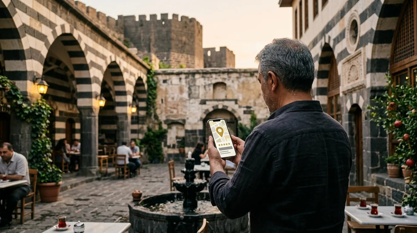 Sur'da bazalt taşlı tarihi avlulu kafede telefonda işletme kaydı – Diyarbakır web tasarım ve SEO