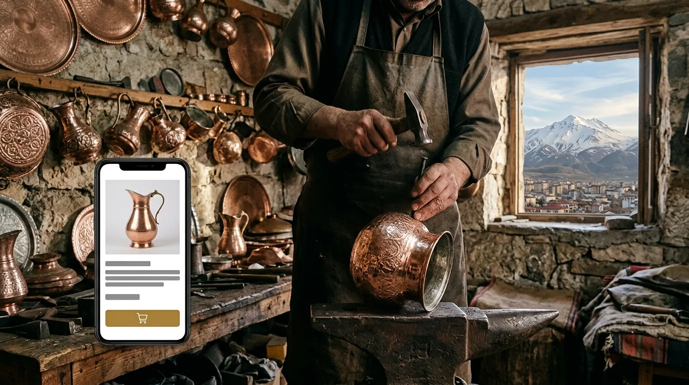Ergan Dağı manzaralı bakırcı atölyesinde el yapımı bakır ve online mağaza – Erzincan web tasarım ve SEO