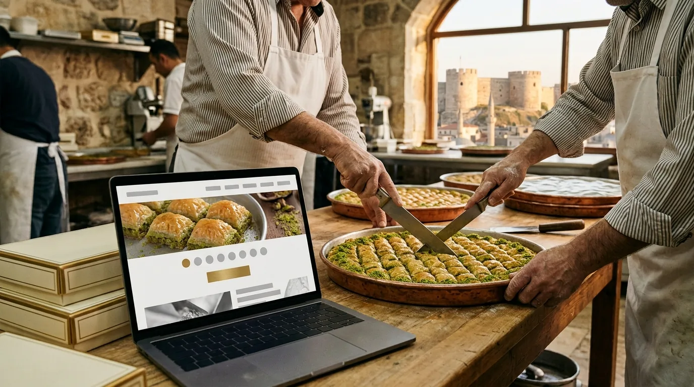 Gaziantep Kalesi manzaralı baklava atölyesinde çok dilli ihracat sitesi – Gaziantep web tasarım ve SEO