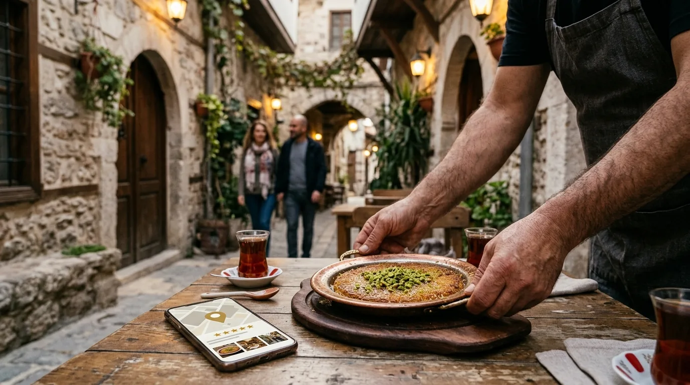 Antakya'nın taş sokağında künefe servisi ve telefonda restoran kaydı – Hatay web tasarım ve SEO