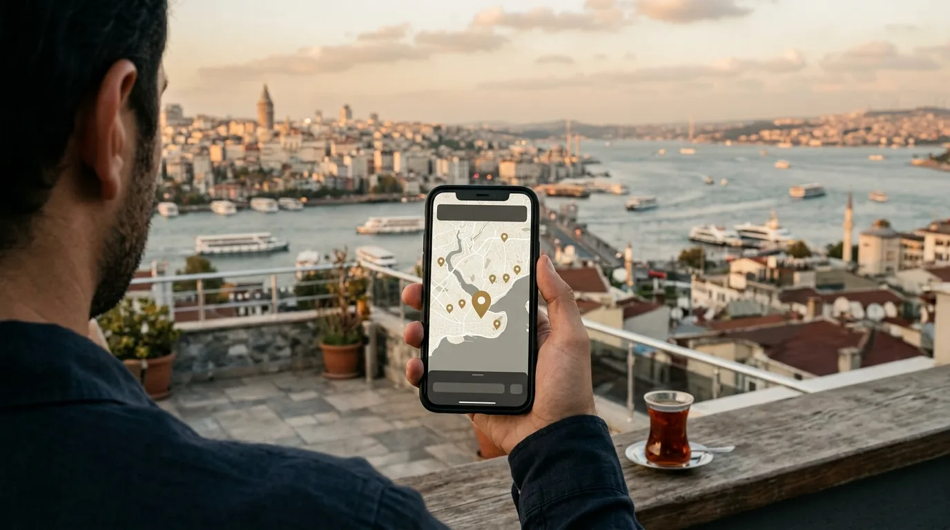 Galata Kulesi ve Boğaz manzaralı terasta mahalle mahalle harita pinleri gösteren telefon – İstanbul web tasarım ve SEO