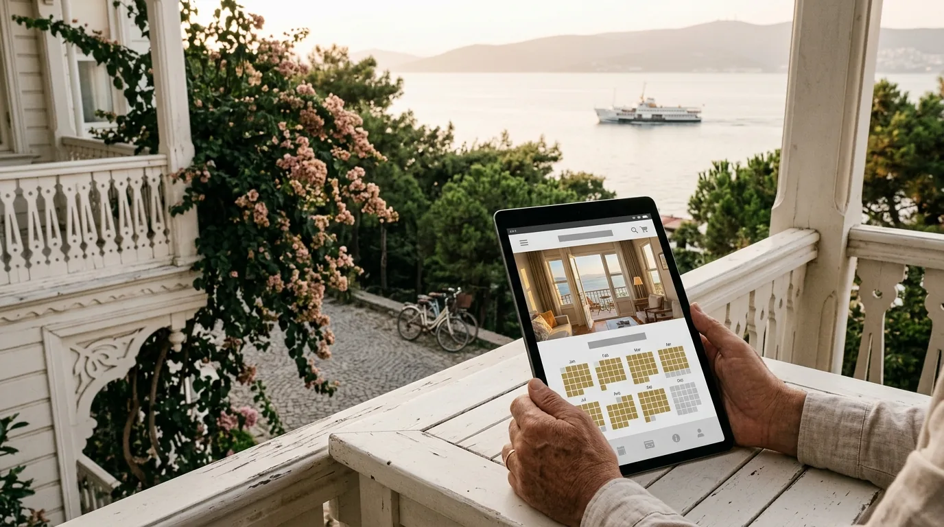 Büyükada'da ahşap köşk otelin verandasında dolu rezervasyon takvimi ve yaklaşan vapur – Adalar web tasarım ve SEO