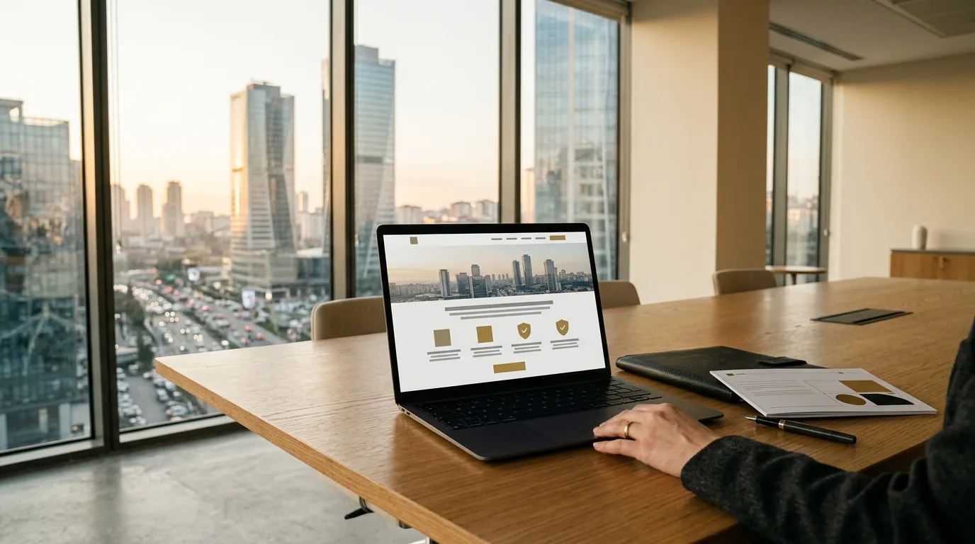 İstanbul Finans Merkezi kulelerine bakan plaza ofisinde kurumsal web sitesi – Ataşehir web tasarım ve SEO