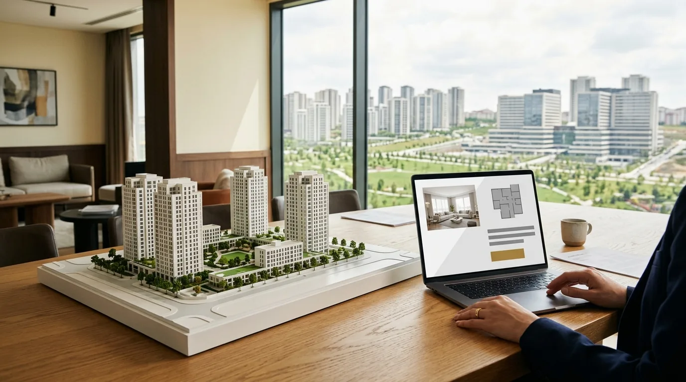 Konut projesi maketi ve yeni konut kuleleri manzaralı satış ofisinde proje sitesi – Başakşehir web tasarım ve SEO