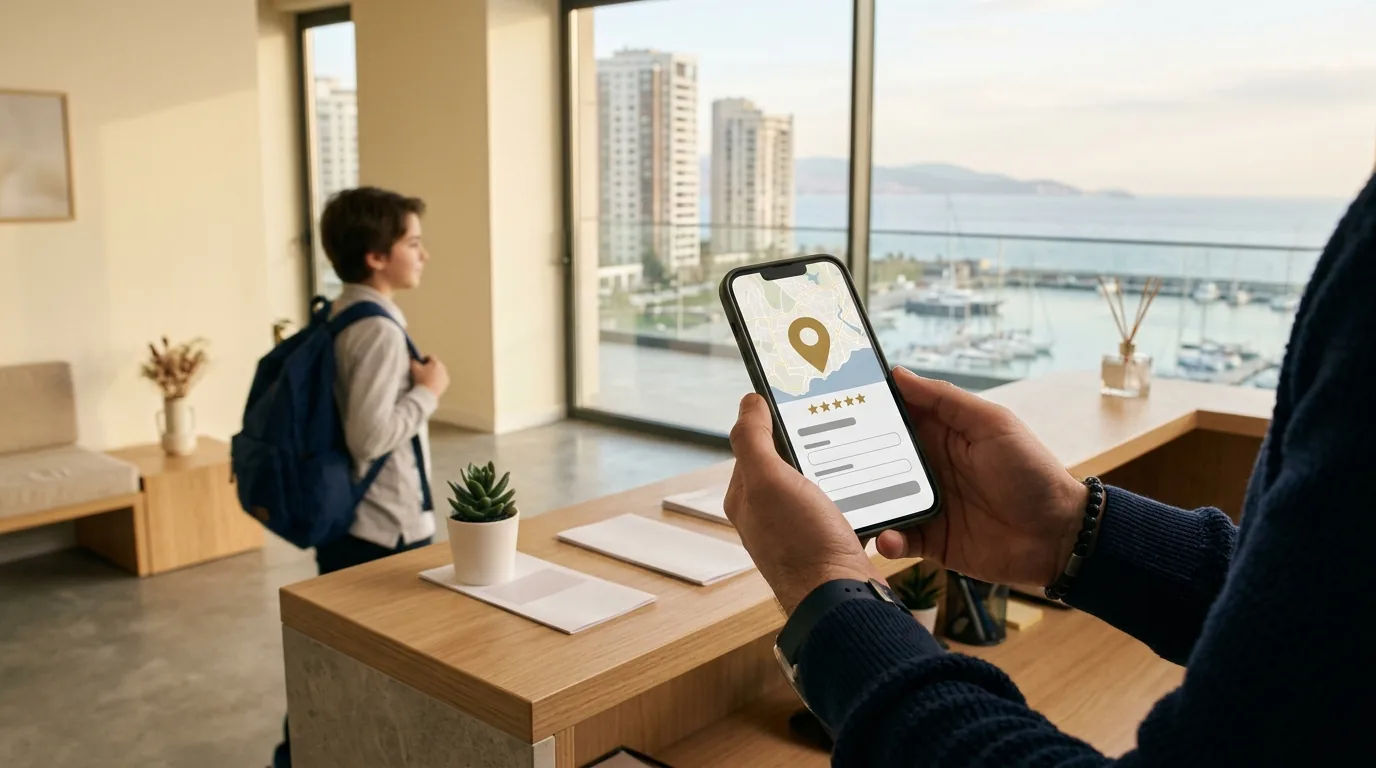 Marina manzaralı eğitim kurumu resepsiyonunda telefonda işletme kaydı ve kayıt formu – Beylikdüzü web tasarım ve SEO