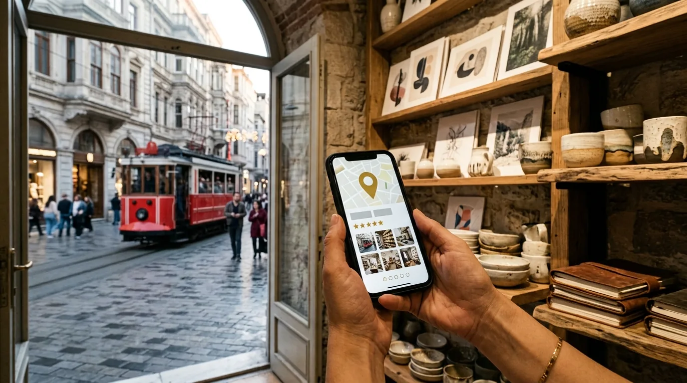 Nostaljik tramvayın geçtiği caddede tasarım dükkânının telefondaki işletme kaydı – Beyoğlu web tasarım ve SEO