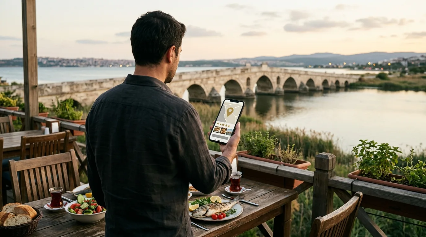 Mimar Sinan Köprüsü manzaralı balık restoranında telefonda işletme kaydı – Büyükçekmece web tasarım ve SEO