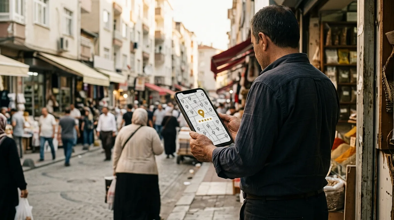 Kalabalık çarşıda gri pinler arasında öne çıkan altın işletme pini – Esenyurt web tasarım ve SEO