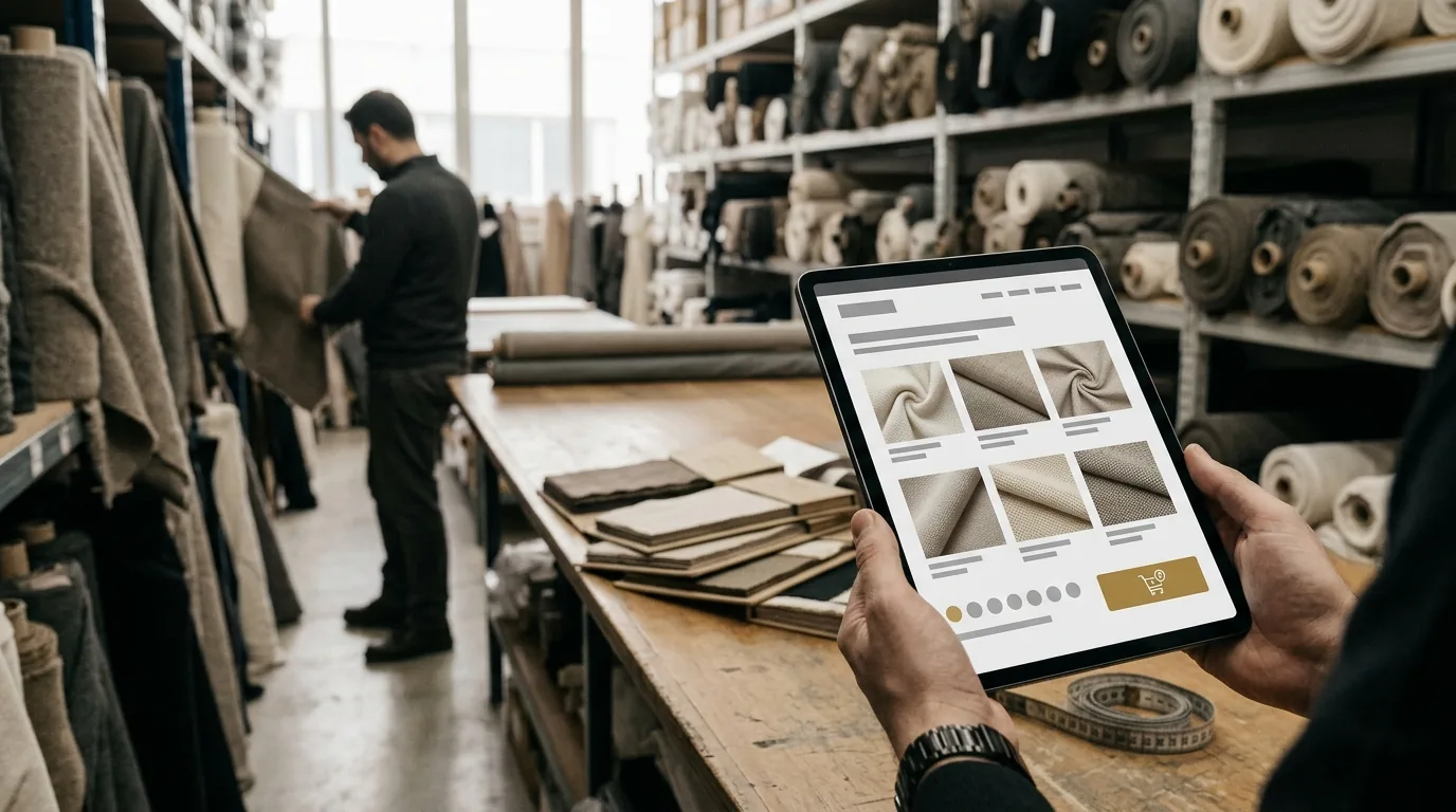 Toptan kumaş showroom'unda tablette kumaş numuneli B2B katalog – Güngören web tasarım ve SEO