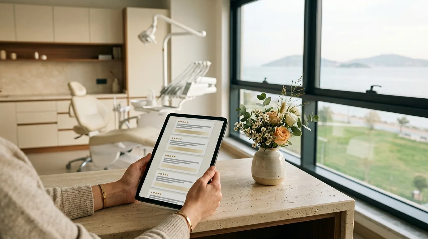 Deniz manzaralı diş kliniğinde tablette hasta yorumları – Maltepe web tasarım ve SEO