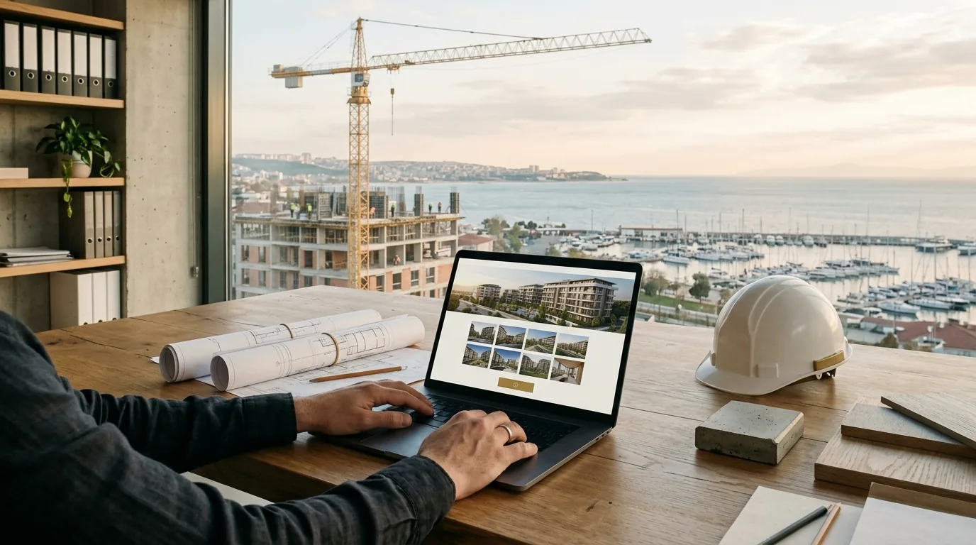 Marina ve inşaat manzaralı şantiye ofisinde proje portföylü kurumsal site – Pendik web tasarım ve SEO