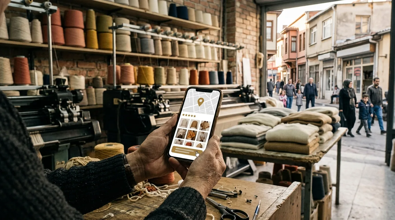 Triko atölyesinde iplik bobinleri arasında telefonda işletme kaydı ve toptan katalog – Sultangazi web tasarım ve SEO
