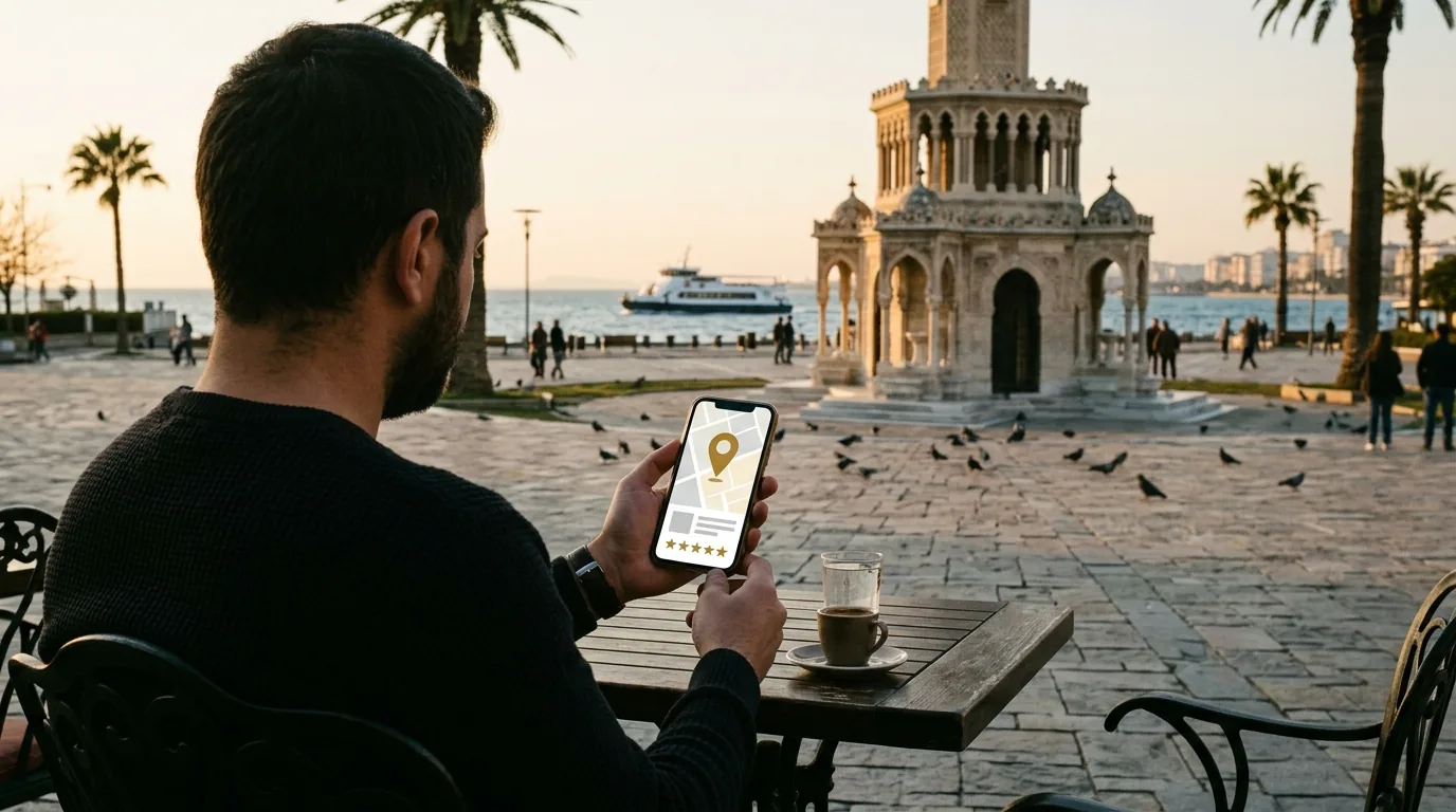 Konak Saat Kulesi ve İzmir Körfezi önünde telefonda kafe kaydı – İzmir web tasarım ve SEO