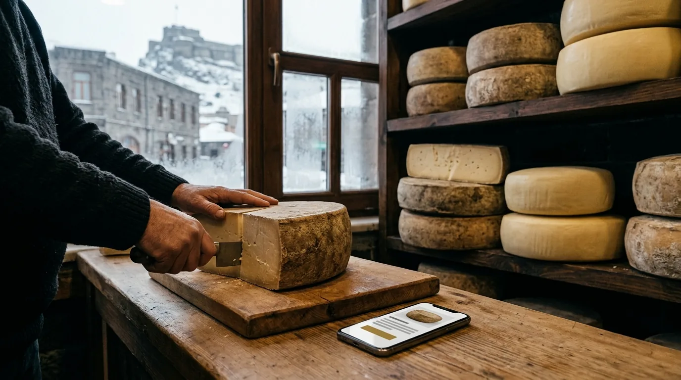 Karlı Kars Kalesi manzaralı peynir dükkânında gravyer ve online mağaza – Kars web tasarım ve SEO