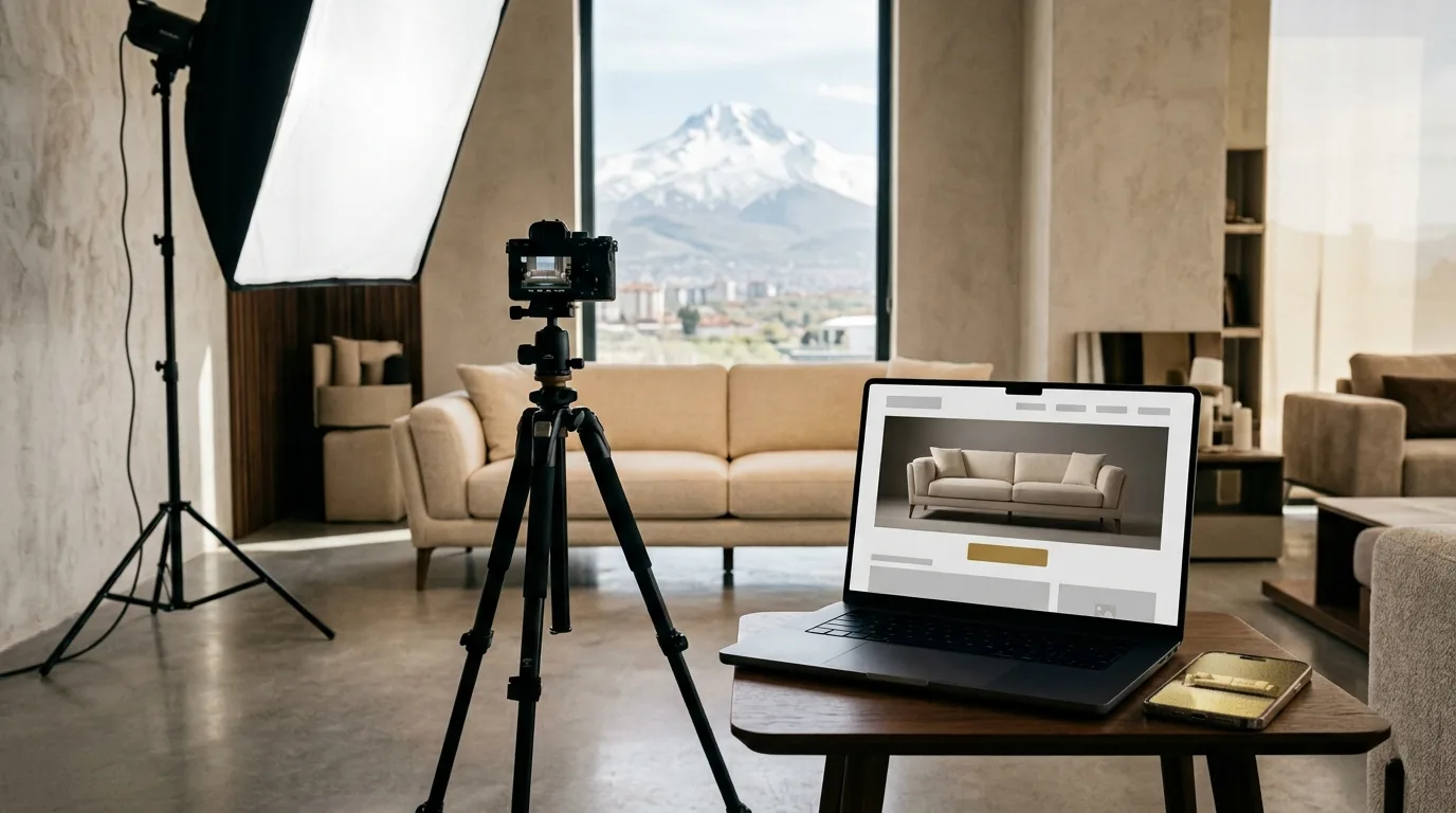 Erciyes manzaralı mobilya showroom'unda profesyonel ürün çekimi ve web sitesi – Kayseri web tasarım ve SEO
