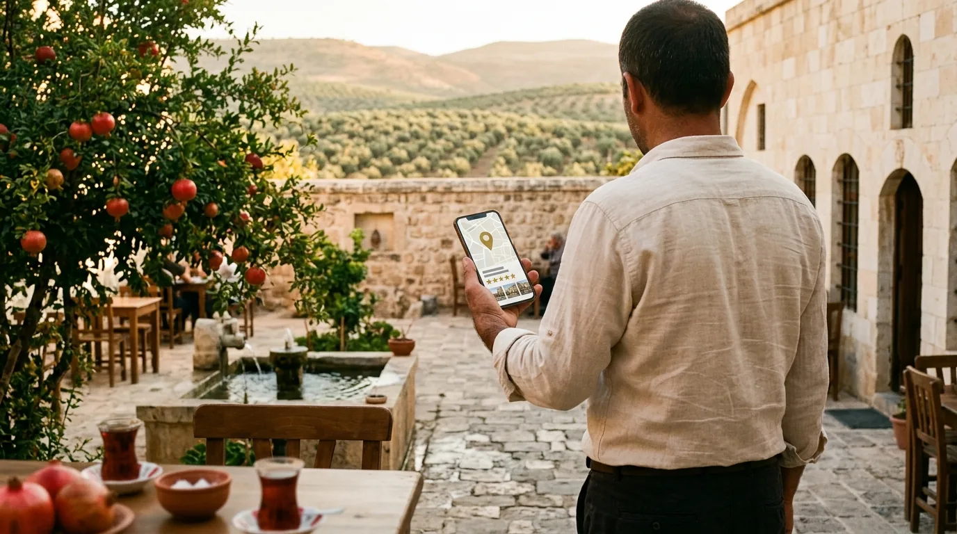 Zeytinliklere bakan taş konak avlusundaki kafede telefonda işletme kaydı – Kilis web tasarım ve SEO