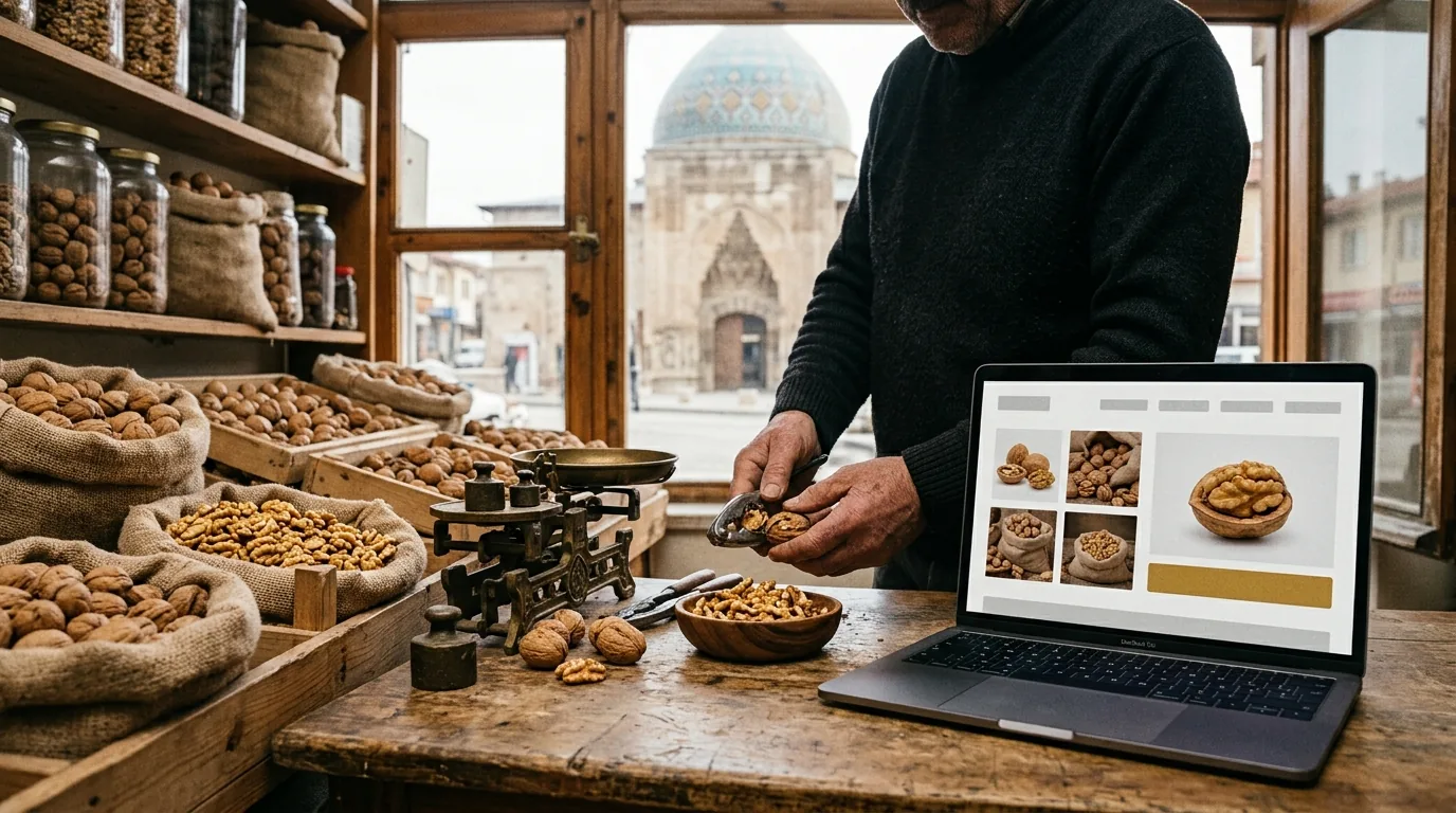 Cacabey Medresesi manzaralı Kaman cevizi dükkânında online mağaza – Kırşehir web tasarım ve SEO