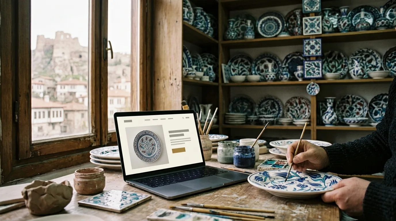 Çini atölyesinde lale motifi boyayan usta ve modern online mağaza – Kütahya web tasarım ve SEO