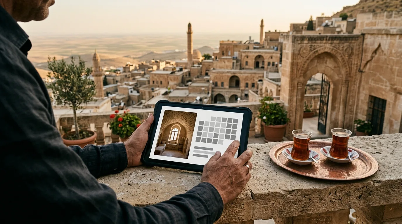 Mezopotamya ovasına bakan taş butik otel terasında rezervasyon sitesi – Mardin web tasarım ve SEO