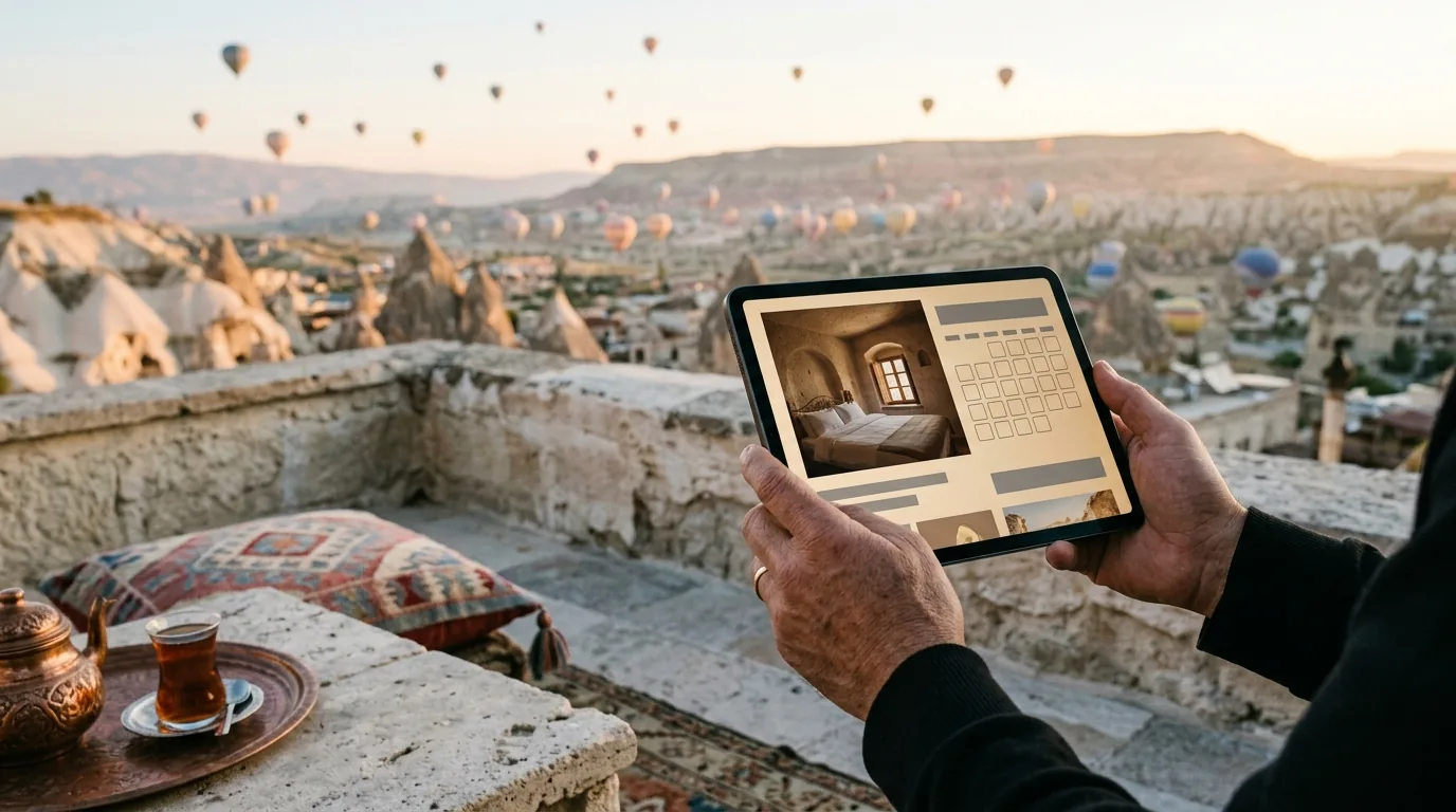 Göreme'de balonlar eşliğinde mağara otel terasında rezervasyon sitesi – Nevşehir web tasarım ve SEO