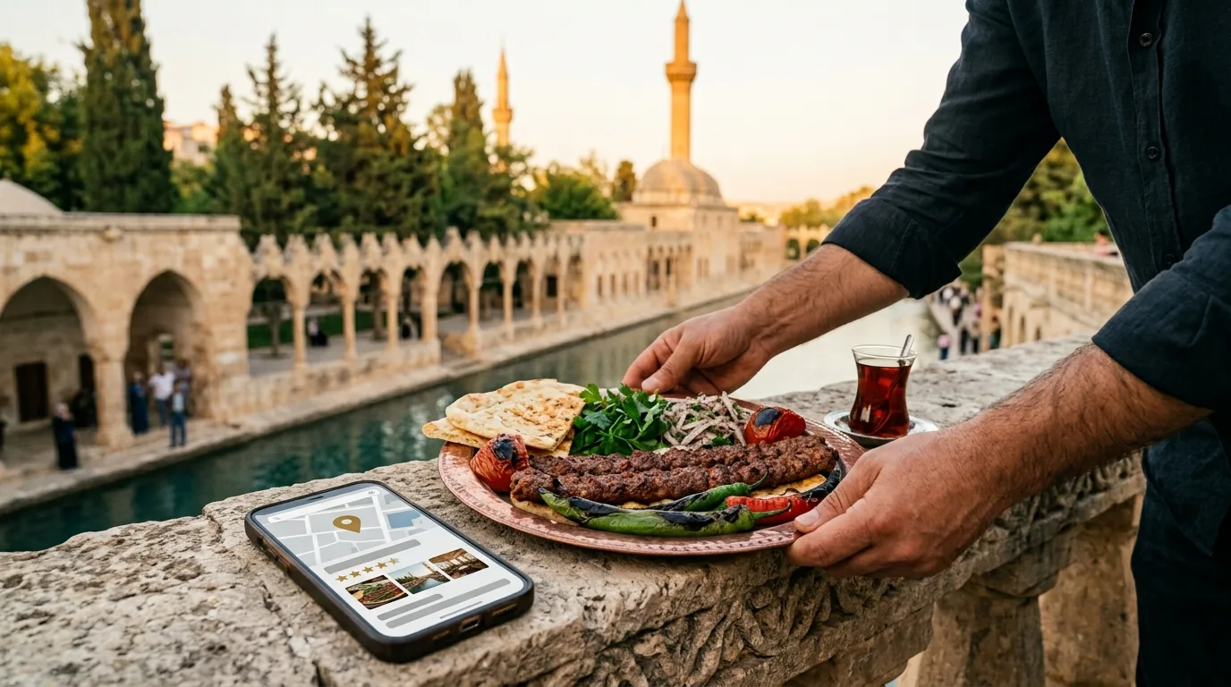 Balıklıgöl manzaralı terasta Urfa kebabı servisi ve telefonda restoran kaydı – Şanlıurfa web tasarım ve SEO