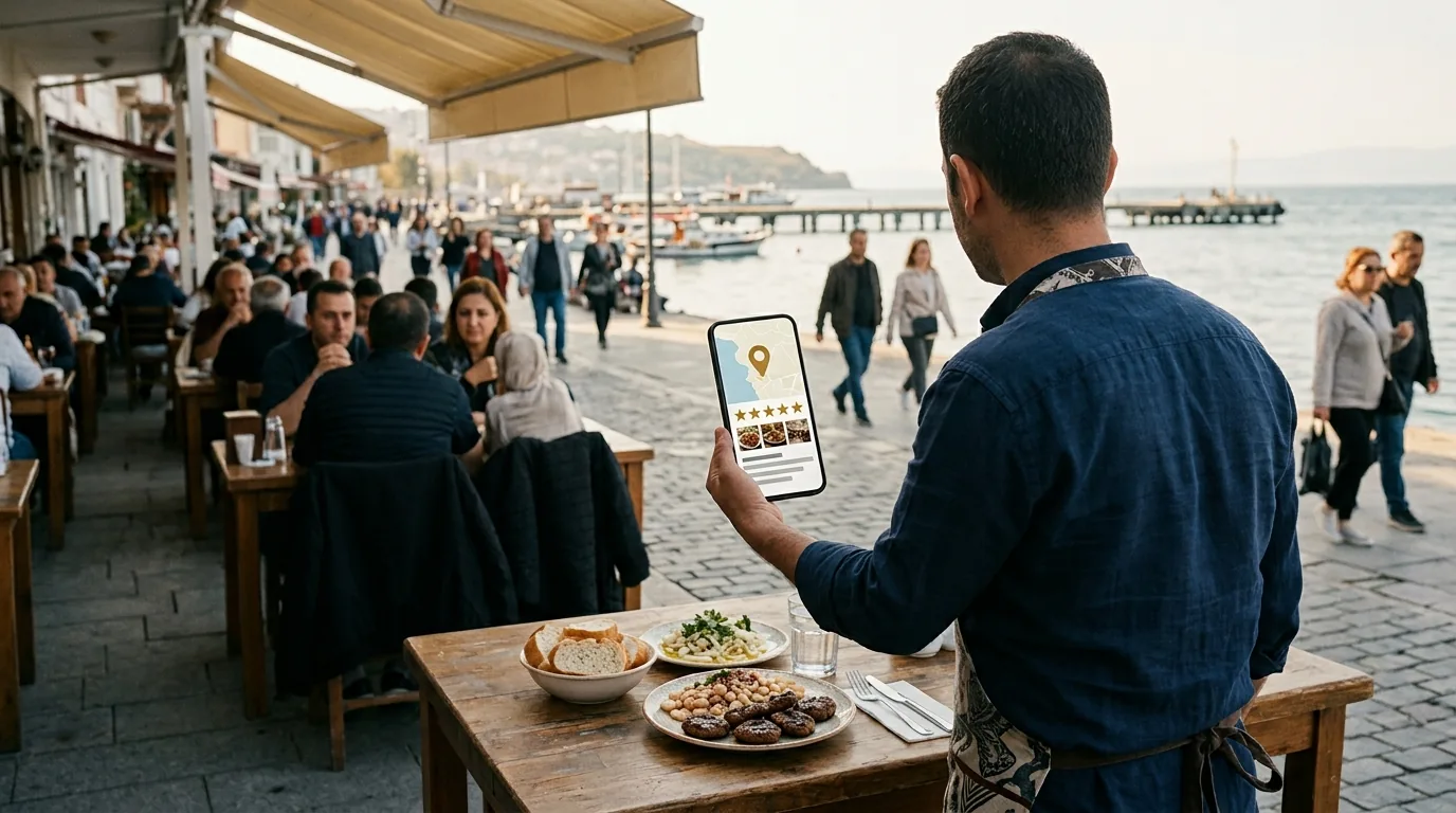 Tekirdağ sahilinde köfteci önünde telefonda çok yorumlu restoran kaydı – Tekirdağ web tasarım ve SEO