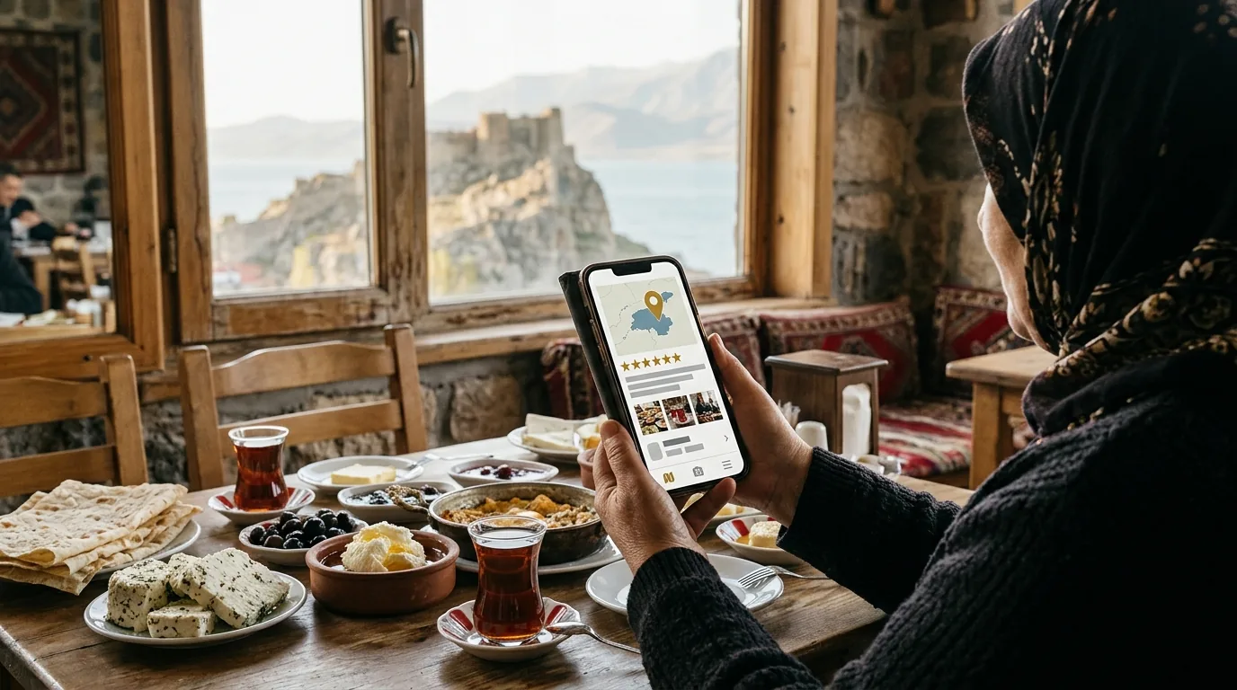 Van Kalesi ve Van Gölü manzaralı kahvaltı salonunda telefonda işletme kaydı – Van web tasarım ve SEO