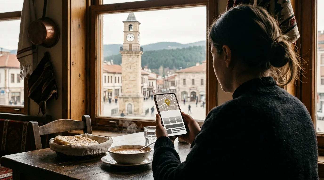 Yozgat Saat Kulesi manzaralı lokantada telefonda restoran kaydı – Yozgat web tasarım ve SEO
