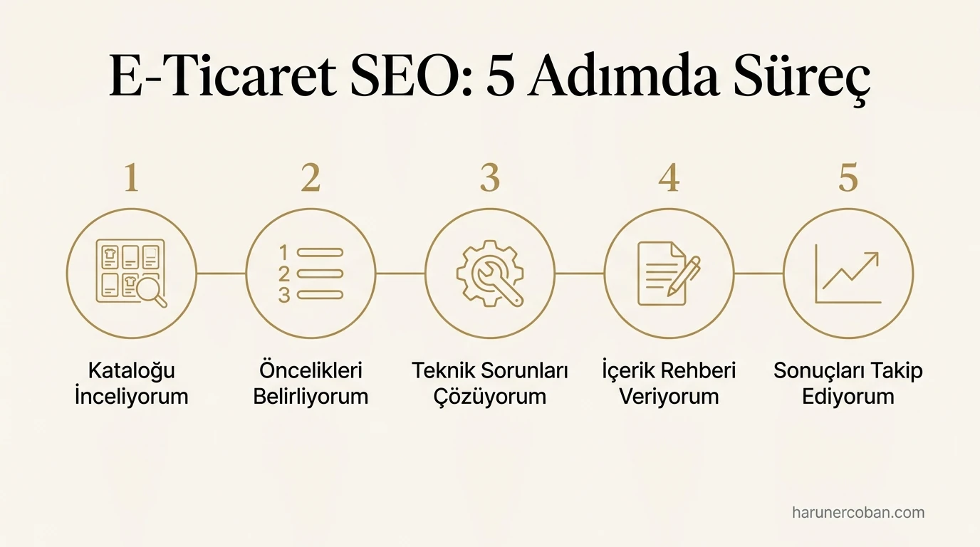E-ticaret SEO 5 adımda süreç: katalog inceleme, öncelikler, teknik sorunlar, içerik rehberi, takip
