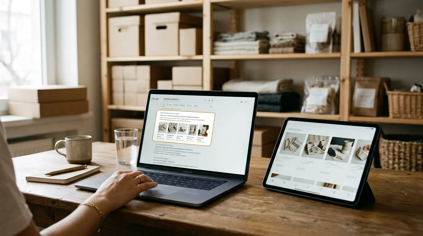 Arama sonuçlarında en üstte çıkan ürün kategori sayfasını inceleyen online mağaza sahibi – e-ticaret SEO