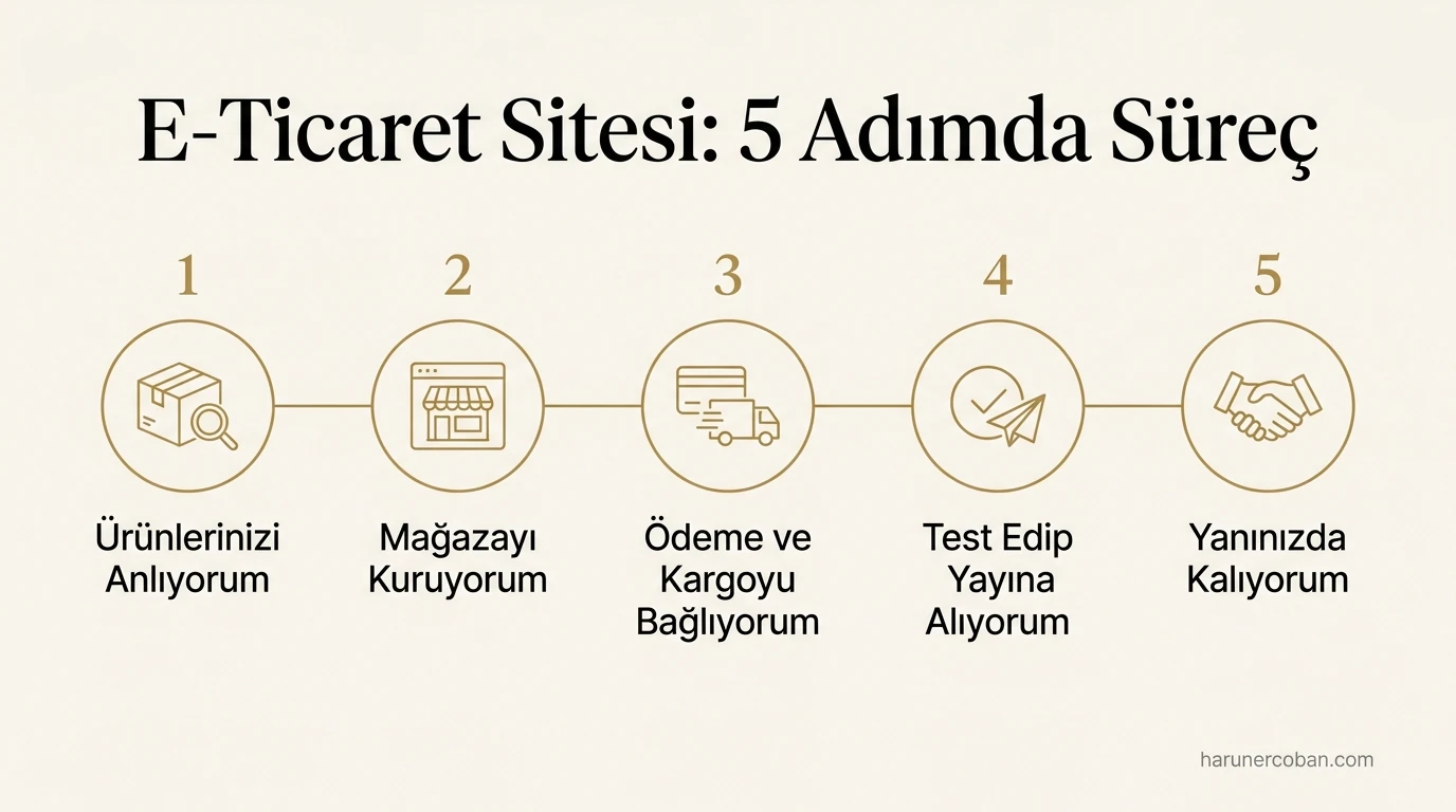 E-ticaret sitesi 5 adımda süreç: ürünleri anlama, mağaza kurulumu, ödeme ve kargo, test ve yayın, destek