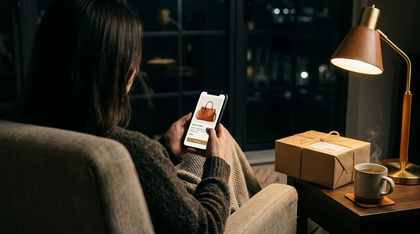 Gece evinde telefondan online mağazada alışveriş yapan müşteri – 7/24 açık e-ticaret sitesi