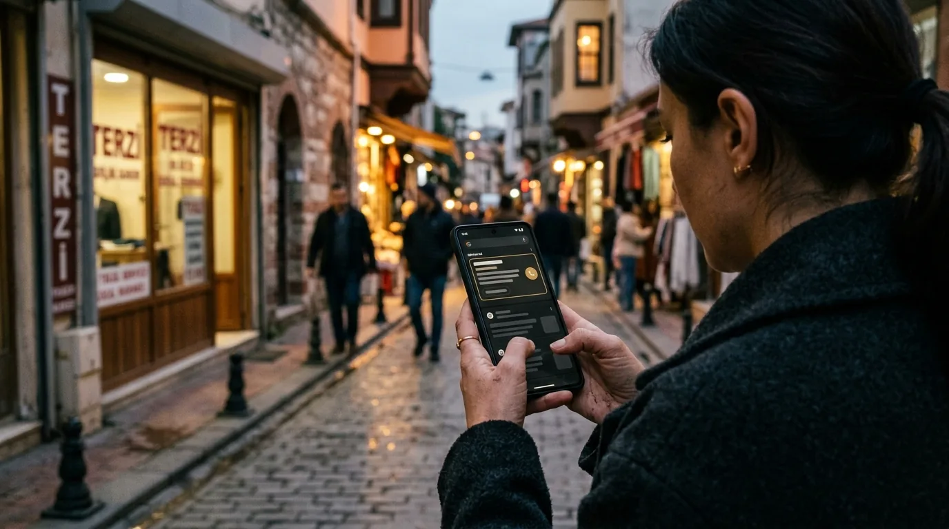 Sokakta telefonda arama yapan kişinin ekranında en üstte sponsorlu Google Ads sonucu