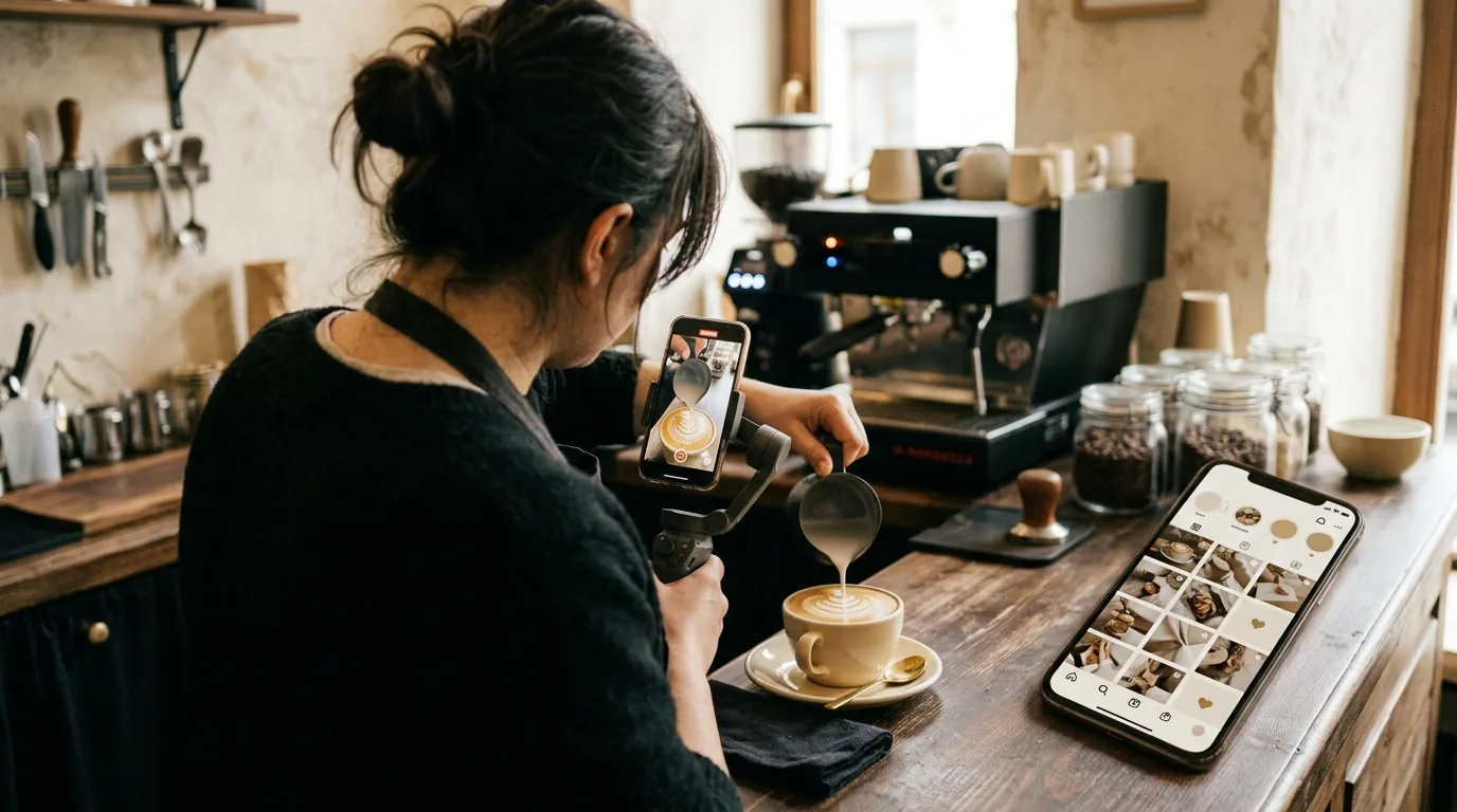 Kahve dükkânında latte art videosu çeken işletme sahibi, yanında Instagram profil ızgarası açık telefon