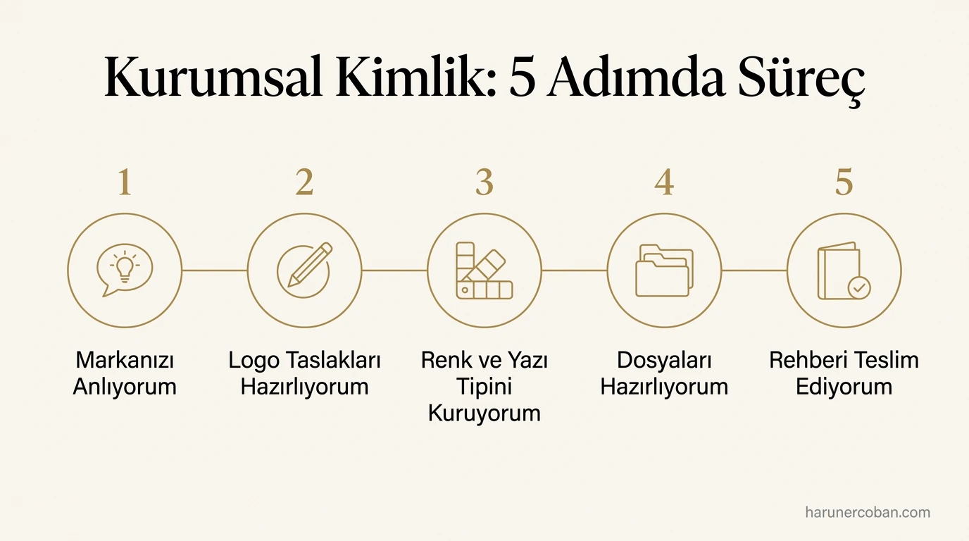 Kurumsal kimlik 5 adımda süreç: markayı anlama, logo taslakları, renk ve yazı tipi, dosyalar, kılavuz teslimi