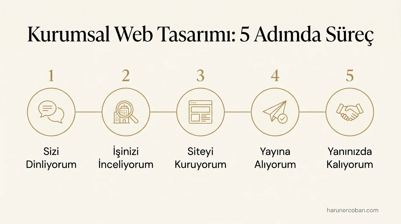 Kurumsal web tasarımı 5 adımda süreç: dinleme, inceleme, site kurulumu, yayın ve destek