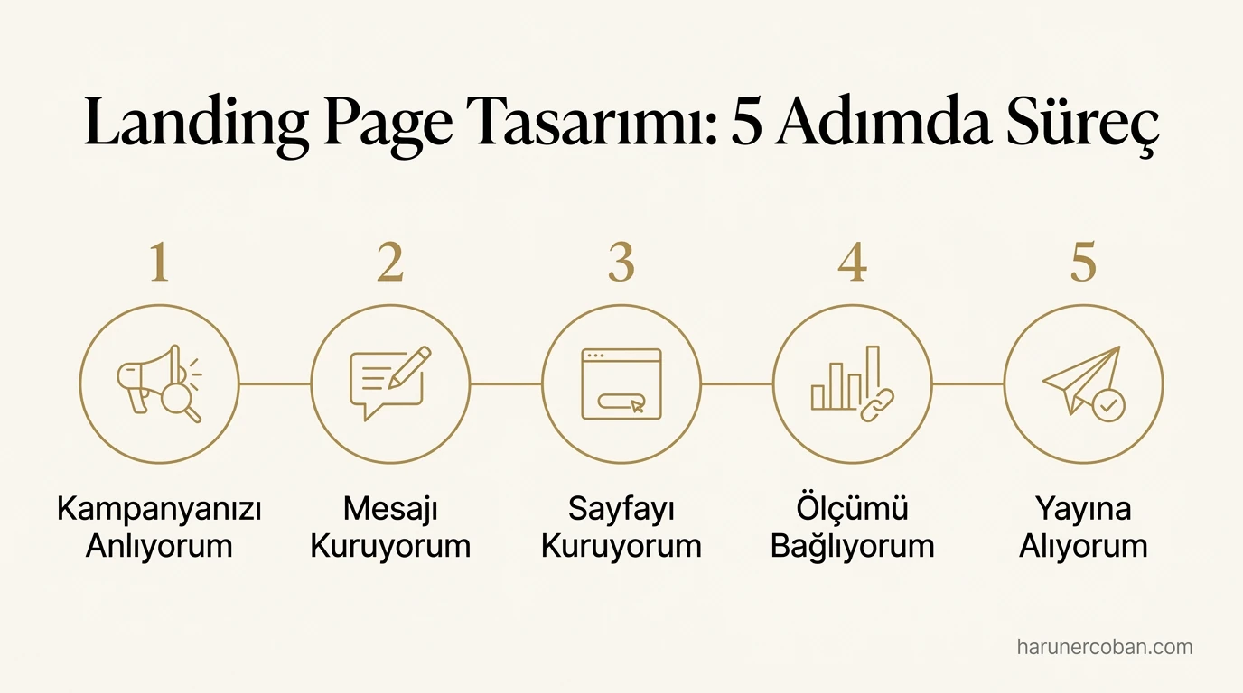 Landing page tasarımı 5 adımda süreç: kampanyayı anlama, mesaj, sayfa kurulumu, ölçüm ve yayın