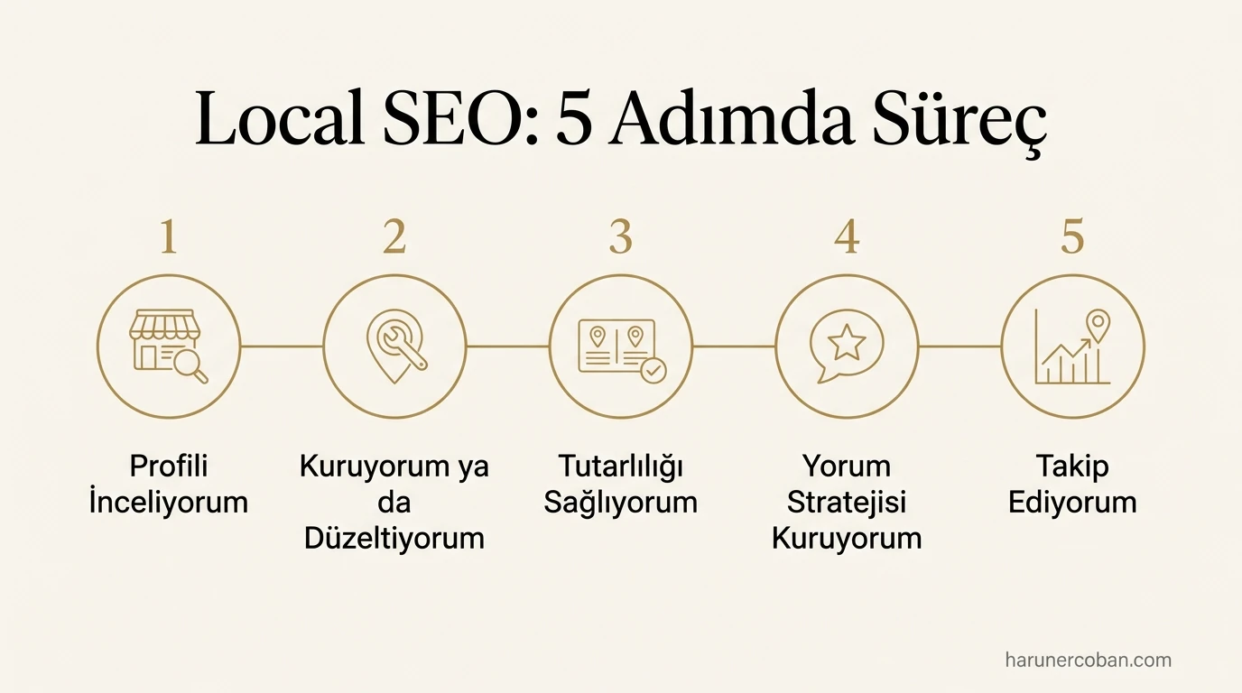 Local SEO 5 adımda süreç: profil inceleme, kurulum veya düzeltme, tutarlılık, yorum stratejisi, takip