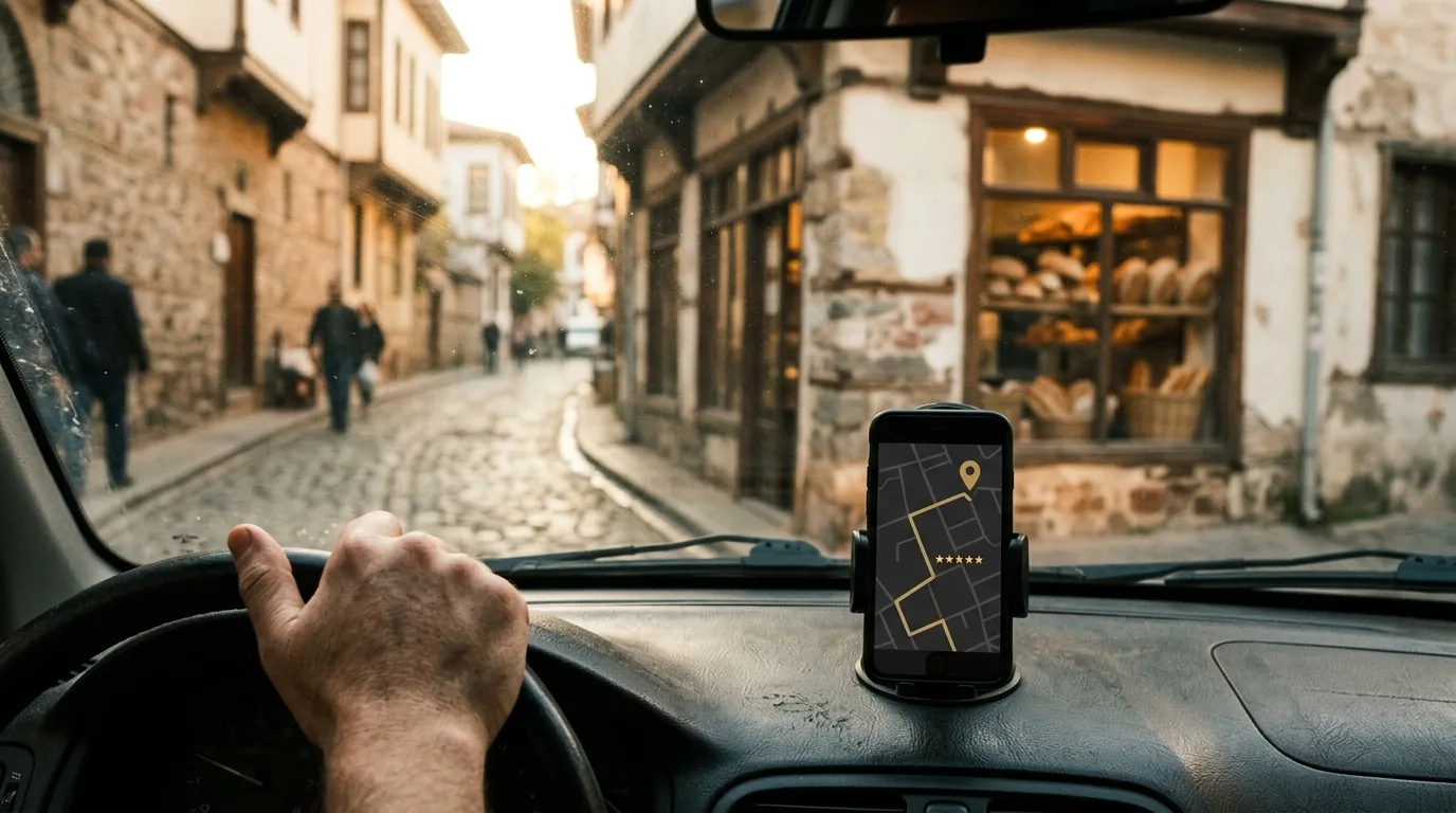 Araç konsolundaki telefonda yerel fırına giden yol ve altın harita pini – local SEO
